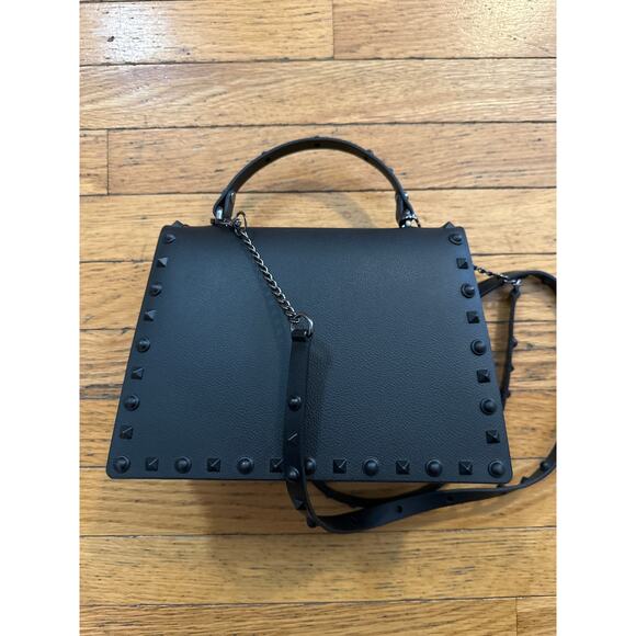 Black Studded Leather Top Handle Crossbody Bag – Rock-Chic Satchel - Picture 4 of 8